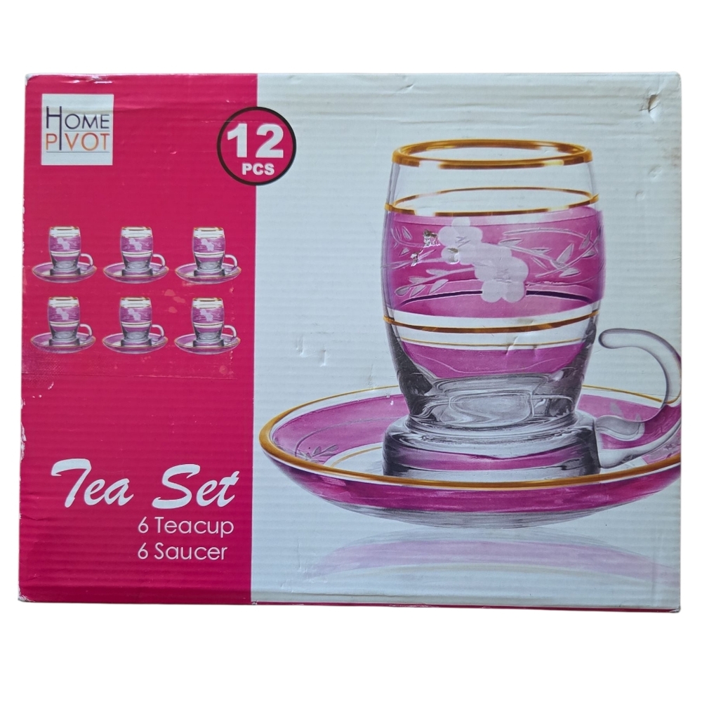 HOME PIVOT Pink and Gold Tea Set - 12 Piece